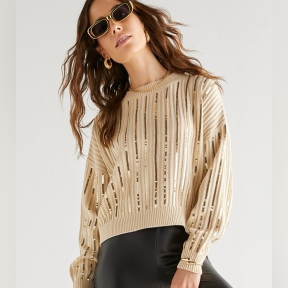 Francesca’s Daisy Mock Neck
Sequin Striped Pullover Cream Sweater… - Picture 1 of 11